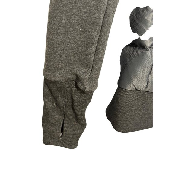 Athleta Womens XXS Gray Hooded Puffer Jacket Knit Sleeves & Asymmetrical Zipper - Picture 3 of 11